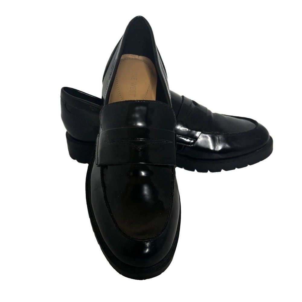 Nine West Maibel Black Patent Slip on Penny Loafer Lug Sol 7.5M Classic Academia - Picture 2 of 16